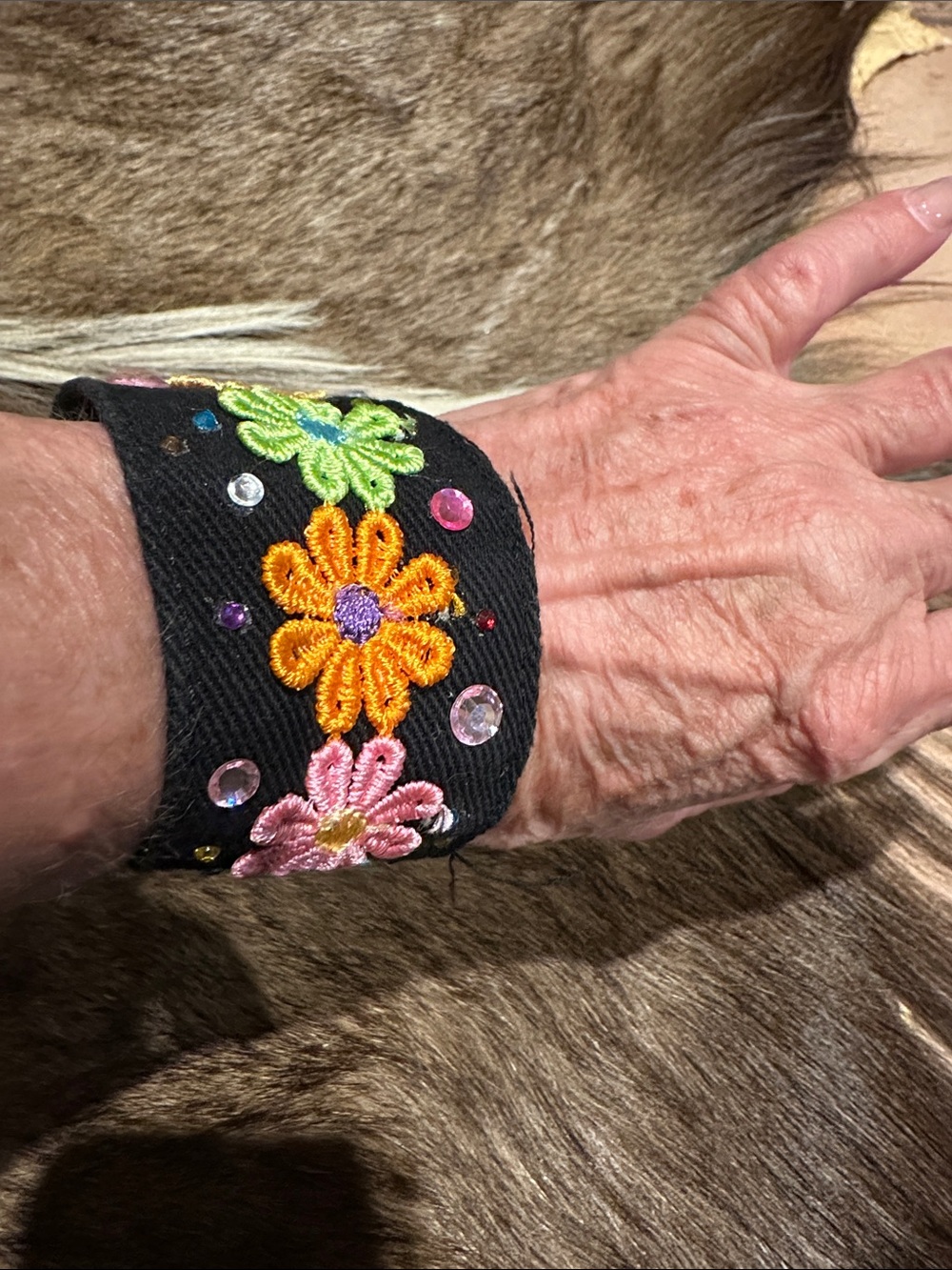 Black Floral Embellised Cuff Bracelet with Multicolor Accents